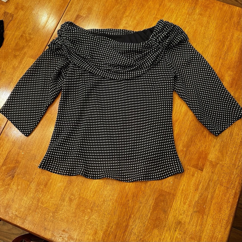 JBS Polka Dot Womens Top Size M Black White 3/4 Sleeve Draped Neck Career Blouse